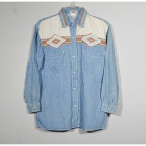 Vintage Stefano International Western Applique Denim Shirt Snap Front Size M